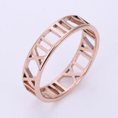 China Simple Trendy Fashion Stainless Steel Rings Silver Rose Gold Plated Hollow Out Roman Numeral Ring For Couples for sale