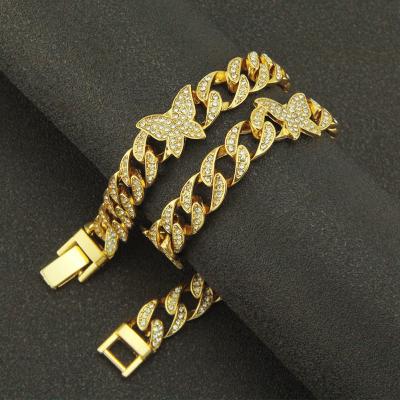 China Hot-selling CLASSIC Hip Hop Butterfly Bracelet Fashion Gold Silver Plated Full Diamond Cuban Link Charm Bracelet Luxury Punk for sale