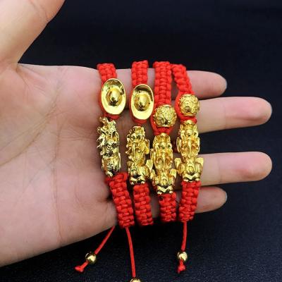 China Vintage All-match String Weave Bracelets Pixiu Gold Bullion Red Silver Beads Alloy Bangle Vintage Unisex Jewelry for sale