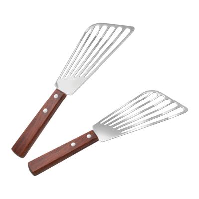 China Hot Sale Stainless Steel Fish Spatula Egg Turner Cooking Utensil Slotted Spatula with Wooden Handle for sale