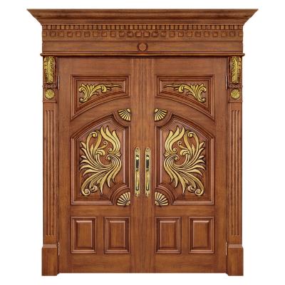 China Traditional Interior Teak Solid Wood Front Entry Double Wood Door With Temper Glass for sale