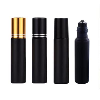 China Personal Care 10ml Refillable Essential Oil Black Glass Roll On Bottle With Steel Trackball for sale