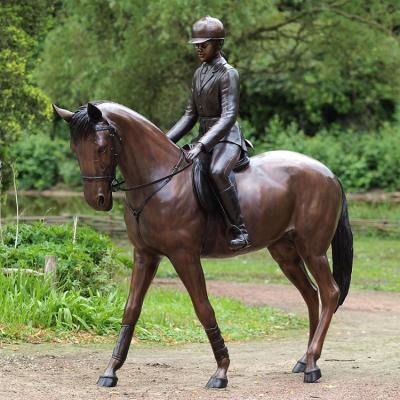 China high quality Life size bronze girl with citation horse statue for garden decor for sale