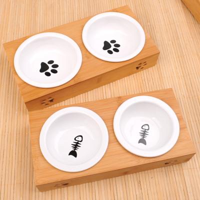 China Pet Food Water Double Bowl Non-automatic Clear Cat Drinking Bowl Wood Frame Stainless Steel Ceramic Dog Bowl Wholesale for sale