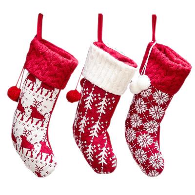 China Christmast Ornament Christmas Decorations Knitted Red Christmas Socks Yarn Socks and White Moose Snowflake Gift Bag for sale