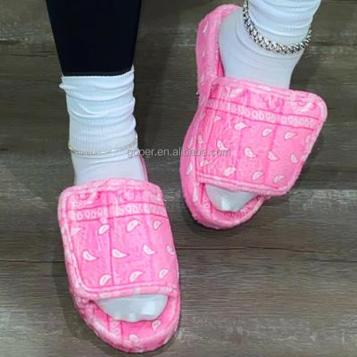 China Fashion Trend Designer Fur Slippers Ladies Outdoor Fluffy Slippers Bandana Mules Light Blue Slippers Heel Women Platform Slides Sandals for sale