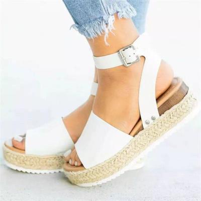 China 2021 Fashion Trend Fish Mouth Wedge Summer Fashion Hemp Rope Woven Thick Unique Sandals for sale