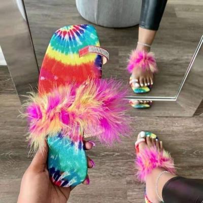 China Color Trendy Casual Rhinestone Fashion Trend Fashion Flat Sandals Beach Hairy Slippers for sale