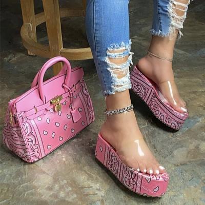 China 2021 Hot Sale Adult Print Luxury PVC Heel Cushioning For Ladies Shoes Platform Sandals Women Mules Slippers for sale