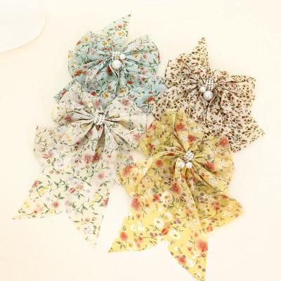 China Fashion Chiffon Bow Print Flower Pearl Hair Pins Accessories 2021 High Quality Large Colorful Hair Clips for sale