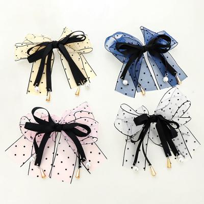 China Fashion Little Girl Hair Accessories Cute Ribbon Pearl Butterfly Hair Clip For Girls for sale