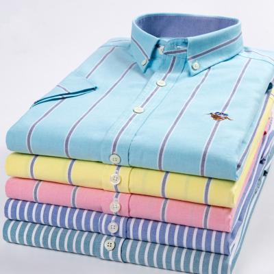 China Anti-pilling custom embroidery logo button up branded shirts high quality stripe shirt shirts for men 100% cotton for sale