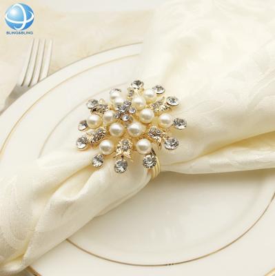 China Sustainable Flower Napkin Rings Gold Pearl Wedding For Christmas Metal Eco - Friendly Aluminum Alloy for sale