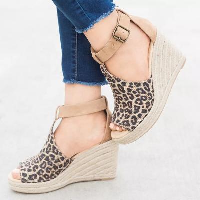 China Summer Casual Rope Women Plus Size Leopard Platform Ankle Strap Peep Toe Wedges Sandals for sale