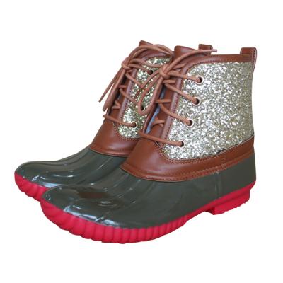 China Free Shipping PVC JUNSHI Ladies Waterproof Glitter Chunky Heel Boots Casual Rubber Duck Boots for sale