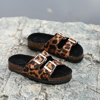 China Cork Fashion Kids Adults Leopard Print Glitter Double Buckle Beach Slippers Flat Sandals for sale