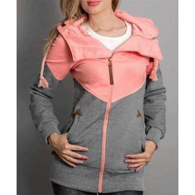 China New Viable Women's Personality Double Zipper Color Block Hoodie Velvet Sleeve Pocket Velvet Matching Jacket Long for sale