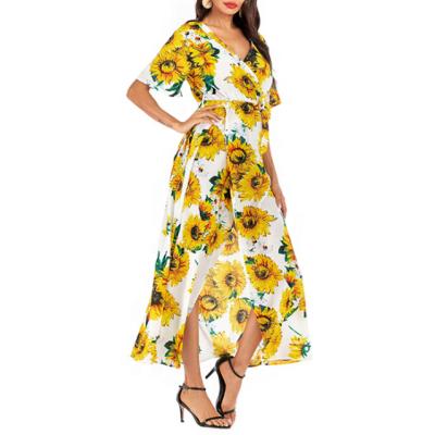 China 2019 Women's V-Neck Sunflower Floral Print Breathable Edge Split Short Sleeve Vacation Beach Floral Dress for sale