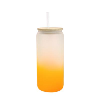 China Viable hot sale 16oz 20oz gradient color frosted glass tumbler cup with bamboo lid and straw for sale