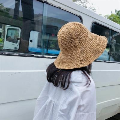 China Picture Summer Fashion Breathable Crochet Handmade Foldable For Women Stripe Sun Beach Bucket Hat Straw Custom Paper Hats for sale