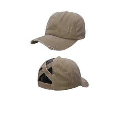 China Fashion Washed Image Cross Ponytail Cotton Light Panel Ponytail Baseball Cap Ripped Hats For Women for sale