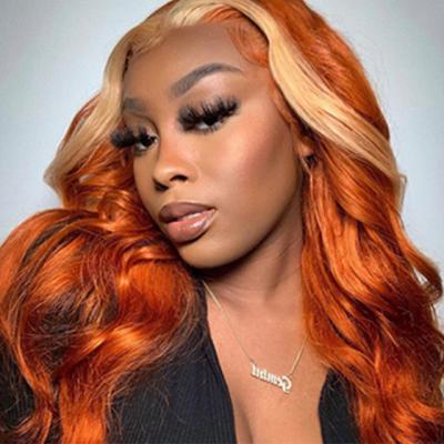 China Long Body Wave Human Hair Wig With Ginger Orange Color T Part 4x4 5x5 6x6 13x4 13x6 Lace Front Human Hair Wig With Cheap Blonde Highlight for sale