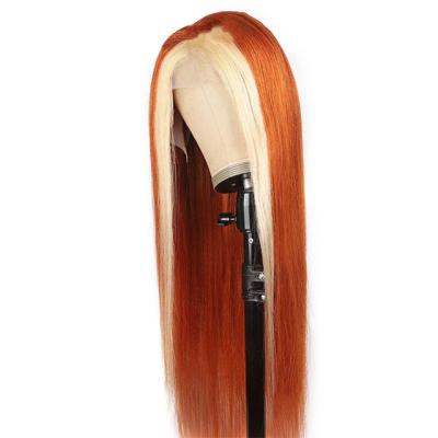 China Straight Transparent Lace Front Wigs Ginger Blonde Piano Color Human Hair 150 180 Brazilian Hair T Piece Highlight Lace Wigs for sale