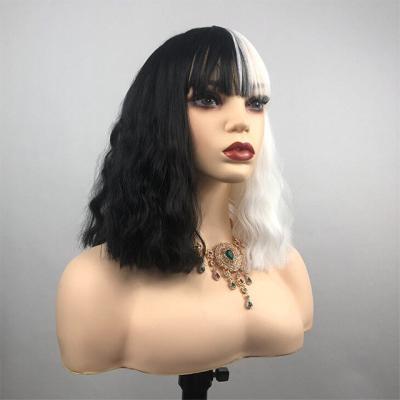 China Low MOQ Fashion Black And White Curly Synthetic Cruella Wig For Party Halloween Cosplay Costume for sale