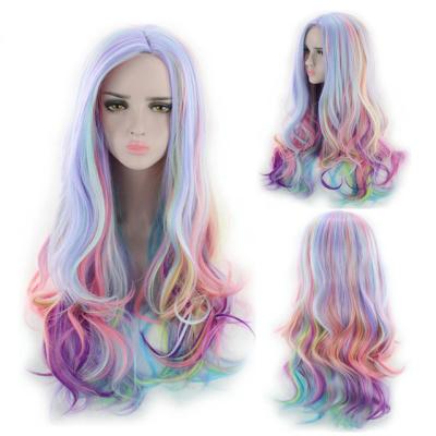 China Low MOQ Halloween Costume Rainbow Long Wig Colorful Curly Lolita Cosplay Party Women High Temperature Synthetic Hair Wigs for sale