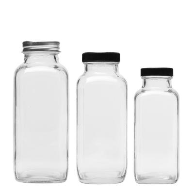 China Wholesale 8oz 16oz Reusable Square Glass Beverage Bottles For Juice Milk for sale