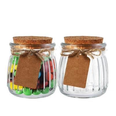 China Food Stripes Design Yogurt Jars With Plastic Lids Glass Pudding Jars Diy Bottles Ideal For Honey And Jam Wedding Favors for sale