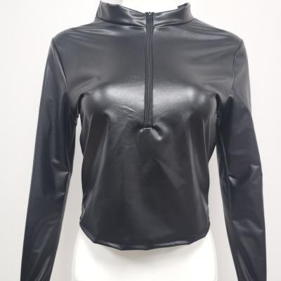 China Autumn Elastic Sexy Pu Zipper Long Sleeve High Quality Half-Zipper Bottom T-Shirt For Women for sale