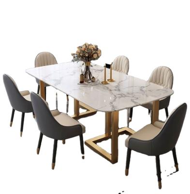 China 2021 Strong Marble Top Dining Table Set Gold Single Legs Dining Table Set 6 Seater for sale