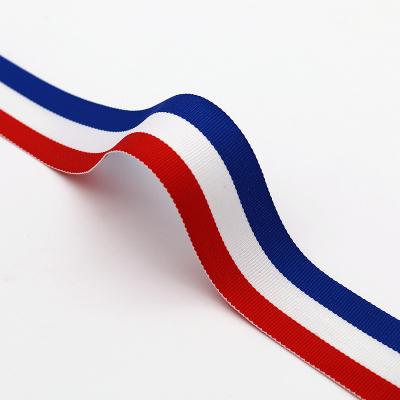 China Wholesale High Quality High Quality In-Stock Polyester Red White Blue Red Plain Weave Lanyards Tie Stripe Ribbon Webbing for sale