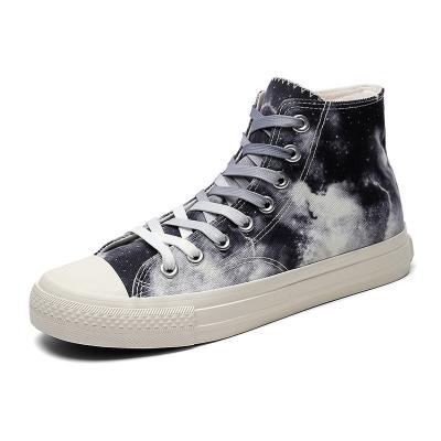 China New style waterproof flat-heeled men's high top canvas shoes men's graffiti style college style round toe canvas shoes for sale