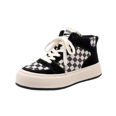 China Autumn New Woman Shoes Plaid Fashion Trend Checkerboard Retro Casual Sneaker Ins Leather Platform High Top Casual Sneaker for sale