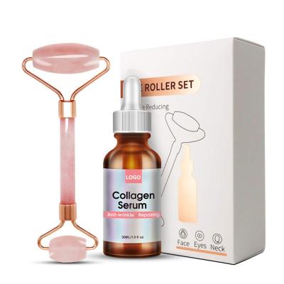 China Organic Skin Revitalizer Private Label Rose Quartz Rolling Massager Collagen Serum Packing Kit for sale