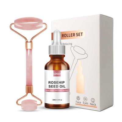 China Organic Skin Revitalizer Private Label Pimples Rose Quartz Roller Rosehip Seed Oil Massager Set for sale