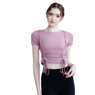 China Breathable Women's Seamless Short Sleeve Show Navel Pleated Stretch Sports T-shirt Skinny Quick Dry Breathable Yoga Casual Top for sale