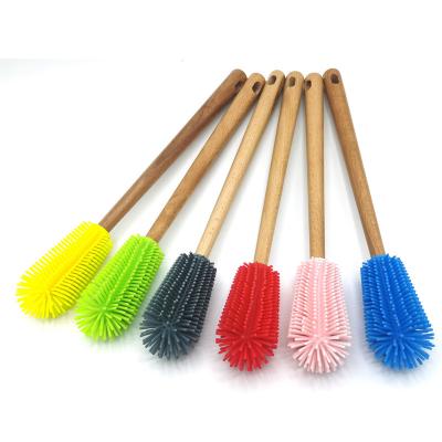 China Wholesale Wooden Sponge Handle Silicone Bottle Cleaning Brush For Baby Bottles, Sports Bottle, Glassware for sale