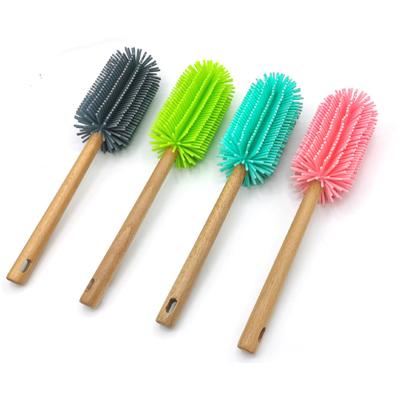 China Hot Sale Silicone Sponge Bottle Cleaning Brush With Wooden Handle for sale