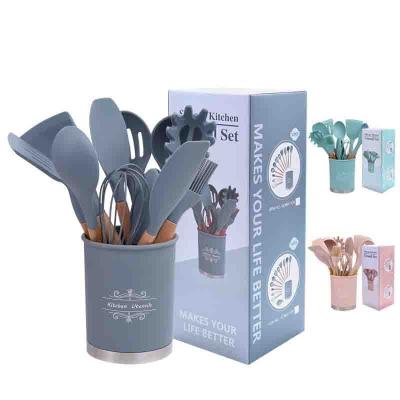 China Durable Silicone Kitchen Tools New Style Non-stick Silicone Wooden Handle Kitchen Accessories Utensils Set for sale