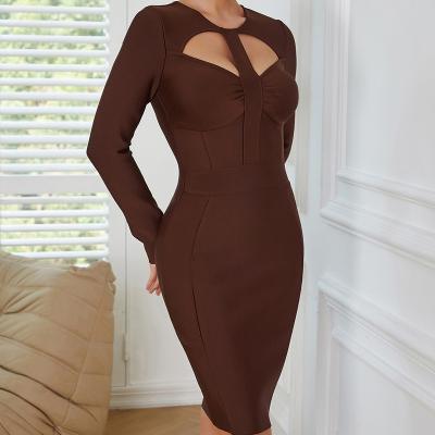 China Autumn Winter Hollow Out Brown Viable Sexy Bodycon Dresses Elegant Knitted Long Sleeve Bandage Ladies Women Dress for sale