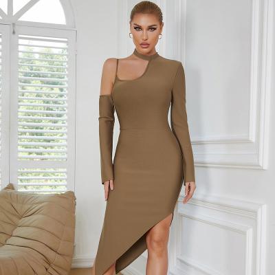 China High Quality Sexy Halter Long Sleeve Sexy Formal Party Woman Bandage Bodycon Khaki Cut Out Dress for sale