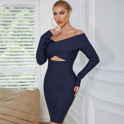 China High Quality Sexy Elegant Strapless Bandage Dress Bodycon Vestidos Navy Blue Long Sleeve Dresses for sale