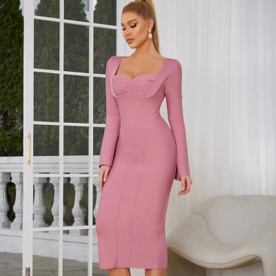 China Viable Classic Pink Formal Night Dresses For Women Sexy Long Sleeve Midi Bandage Elegant Bodycon Dress for sale