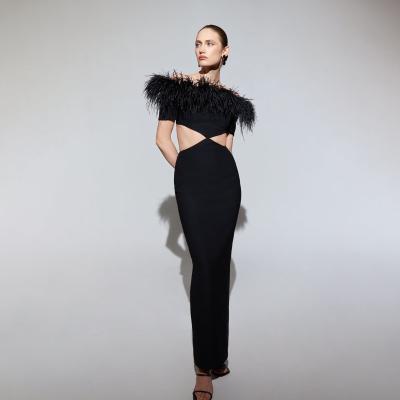 China Lady High Quality Viable Women Elegant Short Sheath Hollow Out Club Party Long Evening Bandage Feather Dress for sale