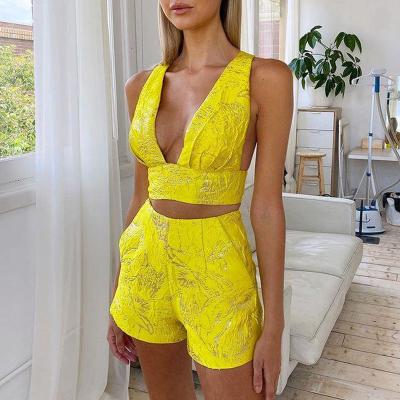 China Anti-pilling Summer Sexy Yellow 2 Piece Set Jacquard Deep V-Neckline Top And Short Outfits Set For Women for sale