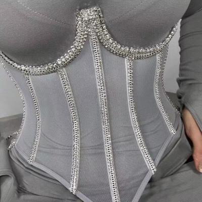 China Hot Selling Breathable Women Party Transparent Rhinestone Crystal Diamond Lace Corset Shapewear Top for sale