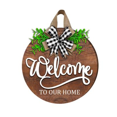 China Antique Imitation Round Welcome Sign For Front Entrance With Wooden Buffalo Plaid Ribbon Welcome Sign for sale